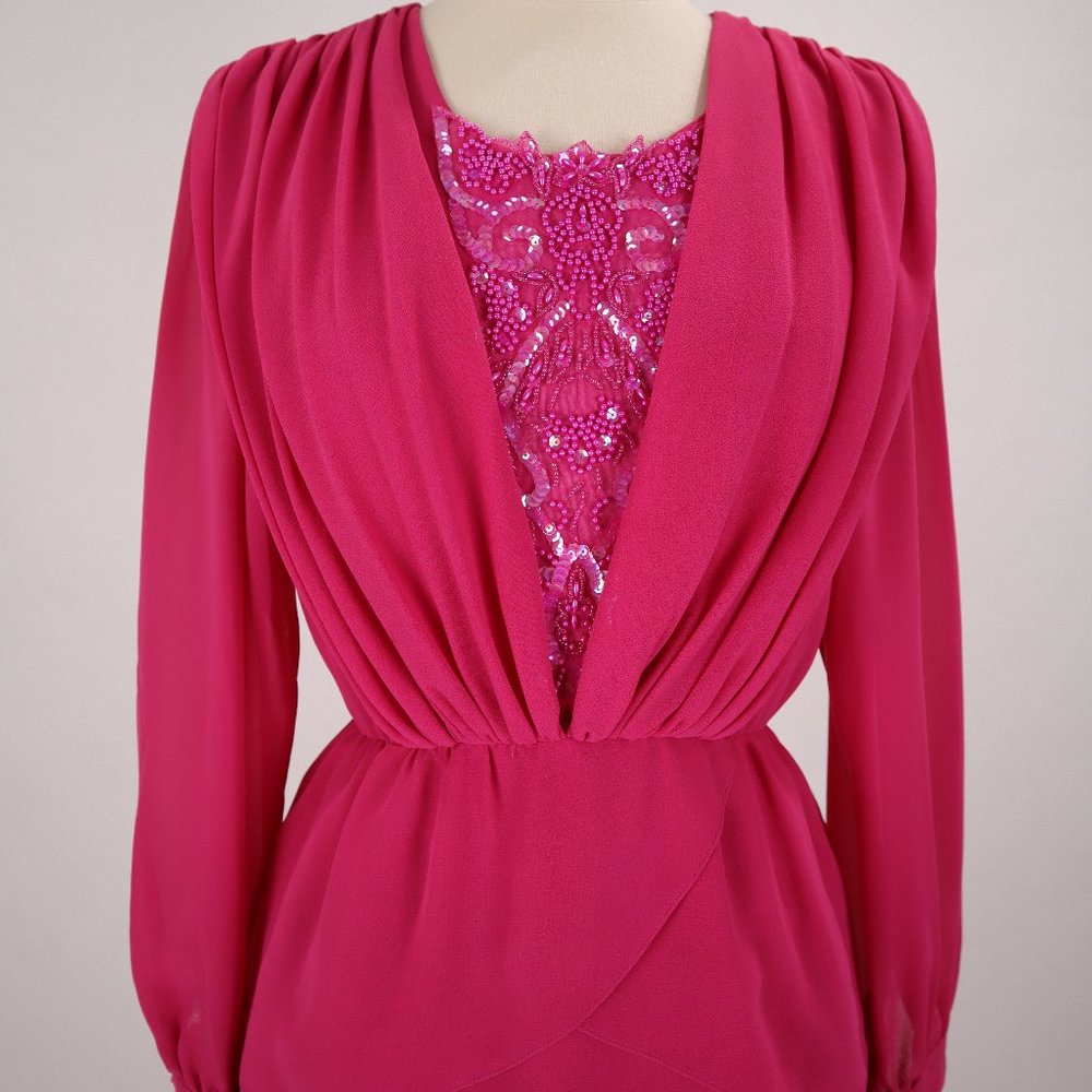 Vtg Ursula of Switzerland 80's Pink Sequin Beaded Tiered Party Dress Gown Formal